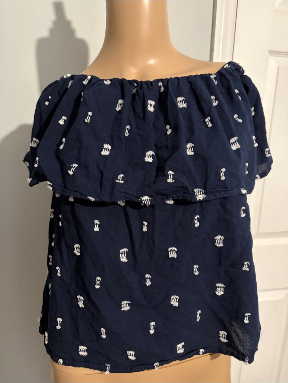LOFT Navy Blue Off-Shoulder Ruffle Camisole with White Dot Embroidery
